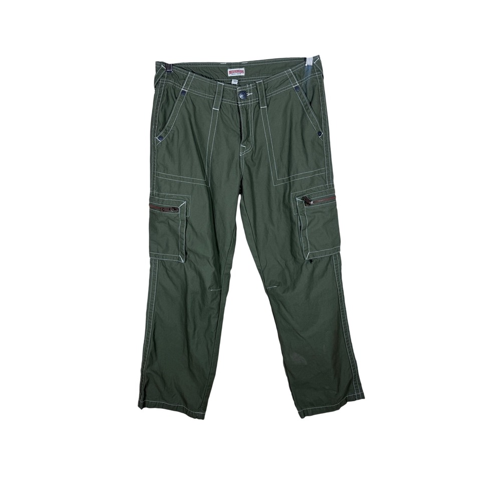True Religion Zipper Military Cargo Pants Olive Green Contrast Stitch Size 28